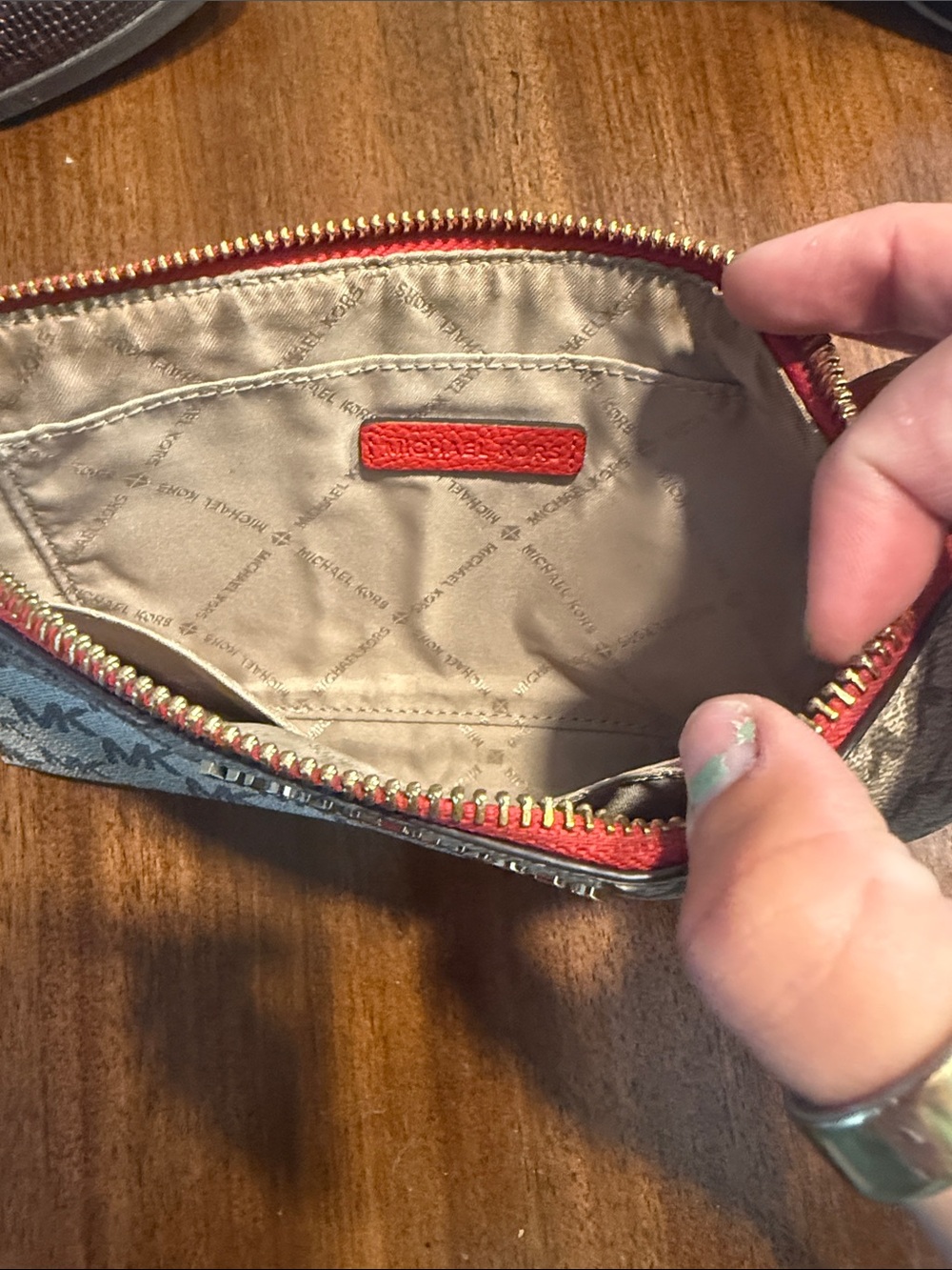 Michael Kors Beige Brown MK Monogram Zip Pouch with Red Trim - Picture 2 of 4